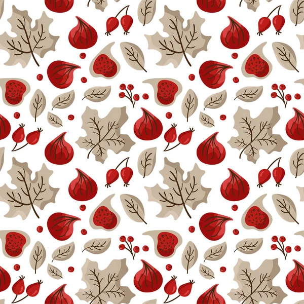 Herbst Vektor nahtlose Muster von Früchten Feigen, Beeren und Ahornblättern. Abstrakte Hintergrund Thanksgiving Day, Textur Illustration für Kinder Textil, Tapete — Stockvektor