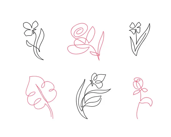 Ensemble de vecteur une ligne fleurs ligne art. Dessin de contour minimaliste. Une illustration de ligne — Image vectorielle