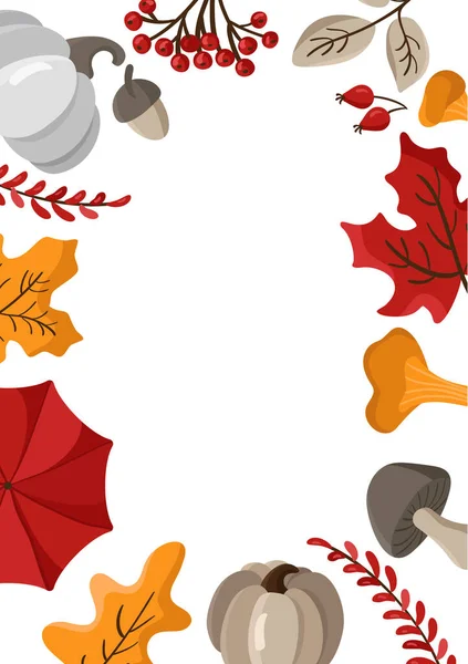 Feuilles d'automne, fruits, baies et citrouilles bordure cadre fond avec espace texte. Feuilles florales saisonnières de chêne d'érable orange pour le jour de Thanksgiving — Image vectorielle