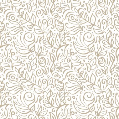 Çiçeksiz vektör deseni. Çiçek ve terk etme teması. Yaz koleksiyonu. Duvar kağıdı, web sitesi arka planı, tekstil baskısı için kullanılabilir. El çizimi ışıkta bitmeyen çiçek çizimi