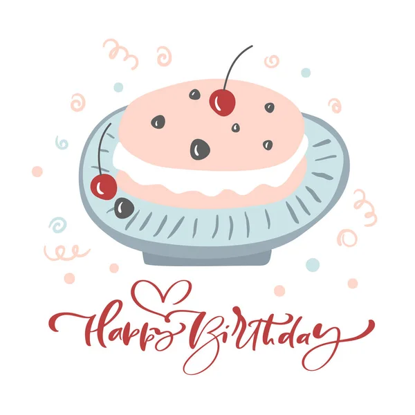 Šťastné narozeniny kaligrafické písmo vektorový text s růžovým dort. Radost a zábava slavnostní pohlednice zdobené cupcake. Komiksová pohlednice, plakát, banner, web design a tisk na tričko — Stockový vektor