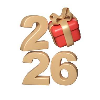 Kırmızı hediye kutusu ve yeni yılı şeffaf arkaplanda kutlayan 3D altın 2026.