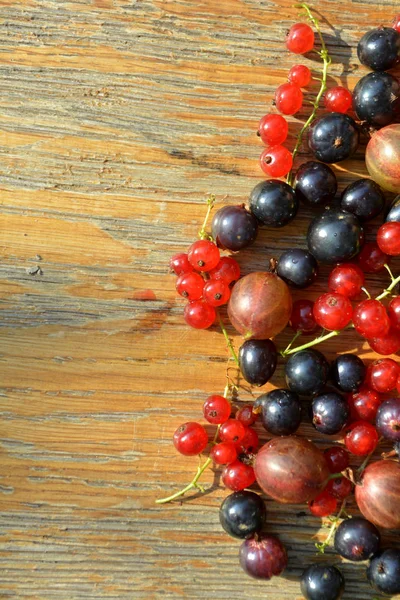 Ahşap arka plan üzerinde kırmızı ve siyah frenk üzümü. Yaz berry