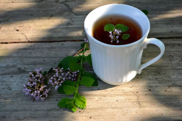 Fából Készült Háttér Oregánó Gyógynövény Tea — Stock Fotó