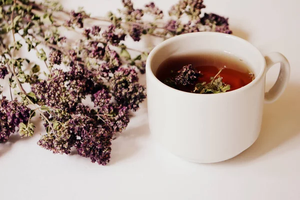 Cup of herbal tea and herbs on a light background. Copy space