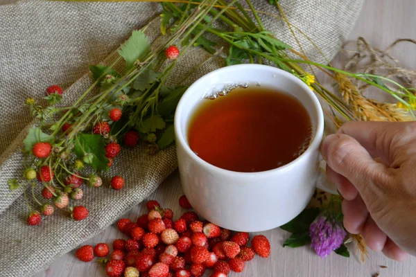 Tee Der Hand Blumen Und Walderdbeeren Auf Dem Tisch — Stockfoto