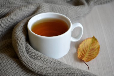 Bir fincan sıcak çay ve yün battaniye masanın üzerinde. Sonbahar ya da kış içki ısınma. Sonbahar konsepti