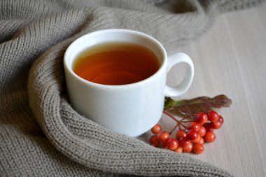 Bir fincan sıcak çay ve yün battaniye masanın üzerinde. Sonbahar ya da kış içki ısınma. Sonbahar konsepti