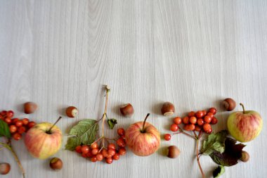 Sonbahar arka plan. Elma, çilek, fındık ahşap arka plan üzerinde. Sonbahar konsepti