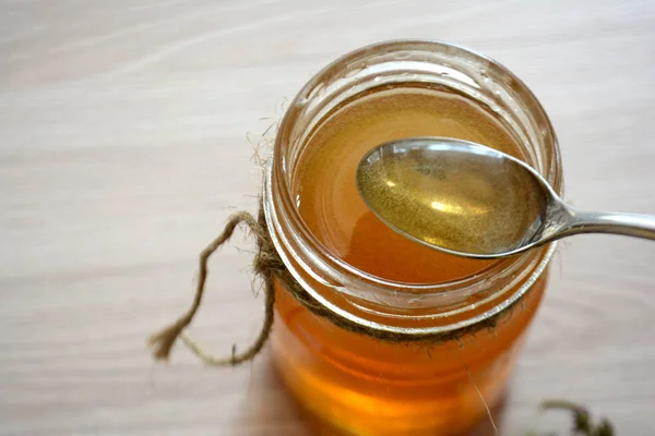 Honey Transparent Jar Table Spoon Jar Honey — Stock Photo, Image