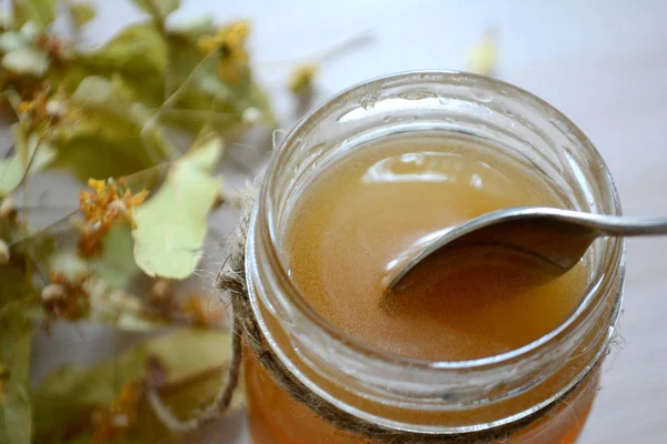 Honey Transparent Jar Table Spoon Jar Honey — Stock Photo, Image