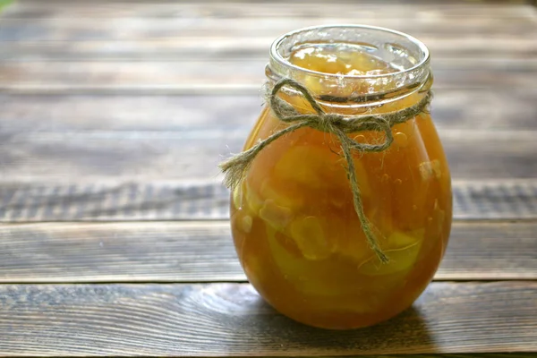 Apple Jam Jar Wooden Background — Stock Photo, Image