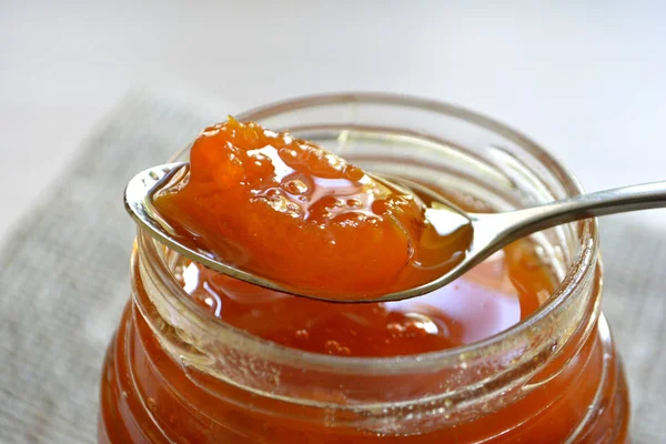 Peach Apricot Jam Jar Spoon Close — Stock Photo, Image