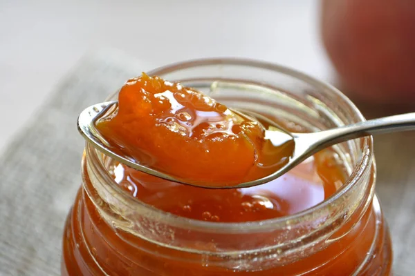 Peach Apricot Jam Jar Spoon Close — Stock Photo, Image