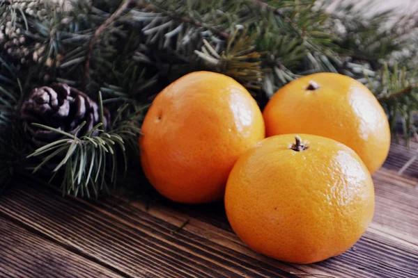 Fir Tree Branches Cones Tangerines New Year Christmas Background — Stock Photo, Image