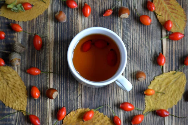 Autumn composition with rose hips nuts leaves a Cup of tea. A Cup of tea with rose hips. Autumn hot drink