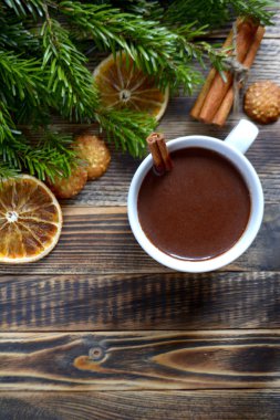 Sıcak çikolata veya kakao bir fincan ve köknar dallarında tarçın çubuğu ile. Kış soğuk hava için sıcak bir içecek. Yeni yıl ve Noel kavramı kopya alanı