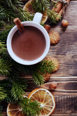 Sıcak çikolata veya kakao bir fincan ve köknar dallarında tarçın çubuğu ile. Kış soğuk hava için sıcak bir içecek. Yeni yıl ve Noel kavramı kopya alanı