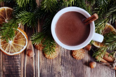 Sıcak çikolata veya kakao bir fincan ve köknar dallarında tarçın çubuğu ile. Kış soğuk hava için sıcak bir içecek. Yeni yıl ve Noel kavramı kopya alanı