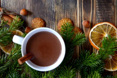 Sıcak çikolata veya kakao bir fincan ve köknar dallarında tarçın çubuğu ile. Kış soğuk hava için sıcak bir içecek. Yeni yıl ve Noel kavramı kopya alanı