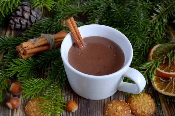 Chocolate Caliente Cacao Con Palo Canela Una Taza Ramas Abeto — Foto de Stock