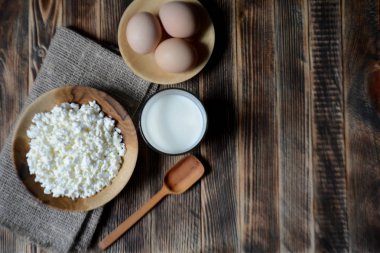 Tahta bir kapta süzme peynir, bardakta süt, yumurta. Çiftlik ürünleri. Köy Kahvaltısı