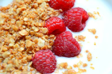 Bir kase içinde granola ve taze ahududu ile lezzetli yoğurt sağlıklı gıda konsepti 