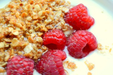 Bir kase içinde granola ve taze ahududu ile lezzetli yoğurt sağlıklı gıda konsepti 