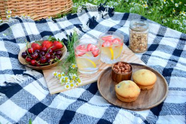 Limonata, böğürtlen, granola ve keklerle yaz pikniği.
