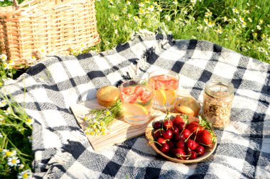 Limonata, böğürtlen, granola ve keklerle yaz pikniği.