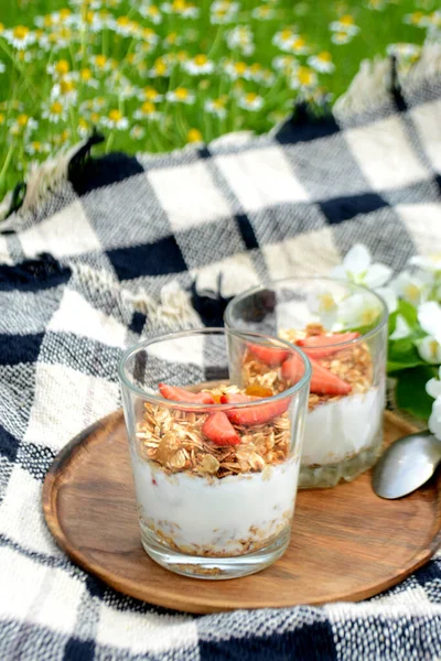 Iogurte Com Granola Morangos Copo Fundo Natural Piquenique Verão — Fotografia de Stock