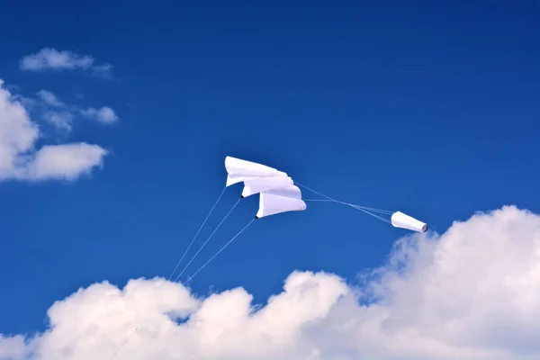 Beyaz uçurtma bulutların arasında süzülüyor