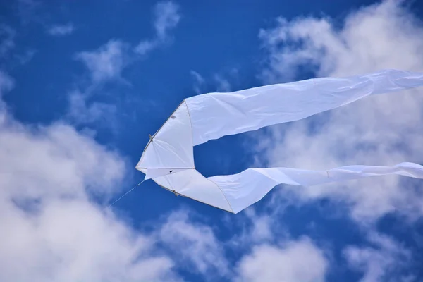 Mavi bir gökyüzüne karşı beyaz uçurtma