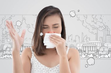 Asian woman in white dress catch her nose because of a bad smell clipart