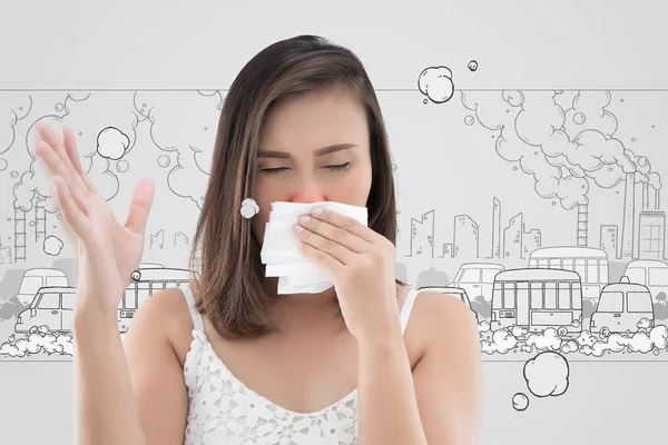 Asian woman in white dress catch her nose because of a bad smell — Stock Photo, Image