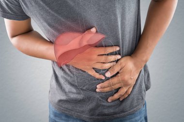Vücut sorun ve erkek anatomisi ile gri arka plan, karaciğer hastalığı veya hepatit, kavram karşı adamın vücudunda karaciğer fotoğraf olduğunu