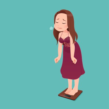 Woman with scale unhappy with her weight gesturing sadness. clipart