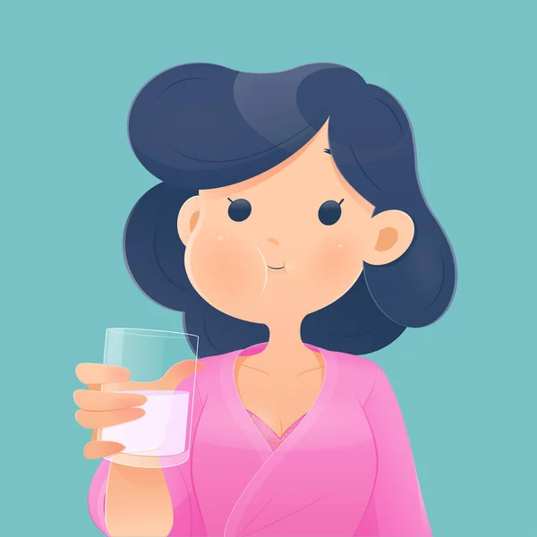 健康快乐的女人在用杯子里的漱口水漱口水的时候 正在漱口水和漱口水 在日常的口腔卫生中 牙齿健康概念 病媒及图解 — 图库矢量图片