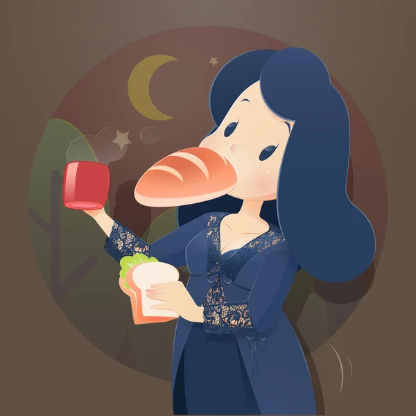 插图妇女在蓝色睡衣和蕾丝长袍在晚上吃 夜饥饿 喝咖啡 — 图库矢量图片