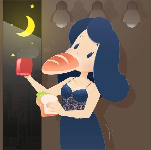 Απεικόνιση γυναίκας σε μπλε νυχτικά που τρώει το βράδυ — Διανυσματικό Αρχείο