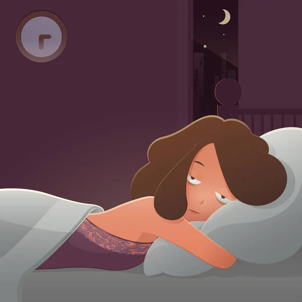 Cartoon Deprimerad Man Lider Sömnlöshet Sängen Sömnlösa Människor Nattkläder Sjuka — Stock vektor