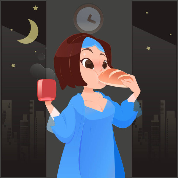 Illustration woman in blue nightgown eating foods.