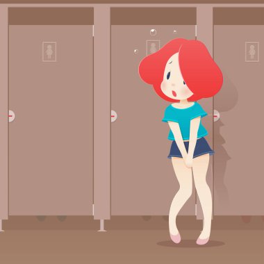 illüstrasyon kadın idrar aciliyet sorun genel tuvalet ile. Kız onu kasık tutan elleri olan. Güçlü dürtü işemek, kapalı banyo, karikatür-vektör, Eps10