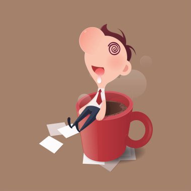 Uyku ofis, uyku yoksunluğu ve fazla mesai çalışma kavramı, vektör ve illüstrasyon karikatür işadamı yorgun.