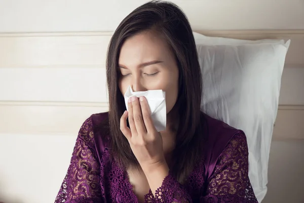 Asian Women Satin Robes Feeling Unwell Sinus Gray Background Dust — Stock Photo, Image