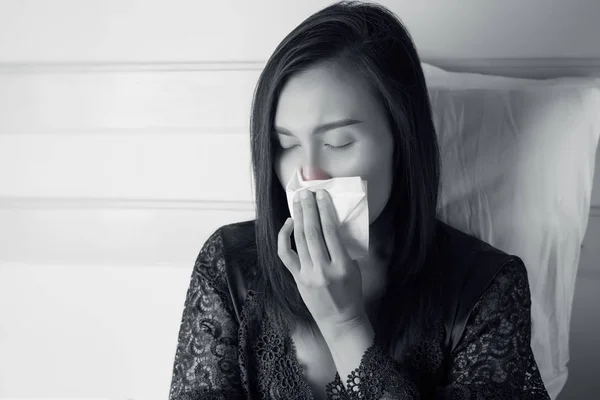 Ásia Mulheres Sentindo Mal Sinusite Tailandeses Têm Alergia Nariz Nariz — Fotografia de Stock