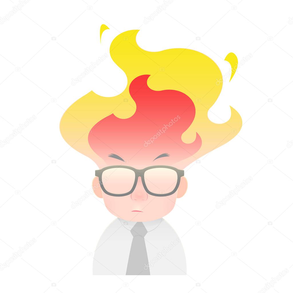 Illustration of an angry businessman, Men head is on fire, isolated on white background.