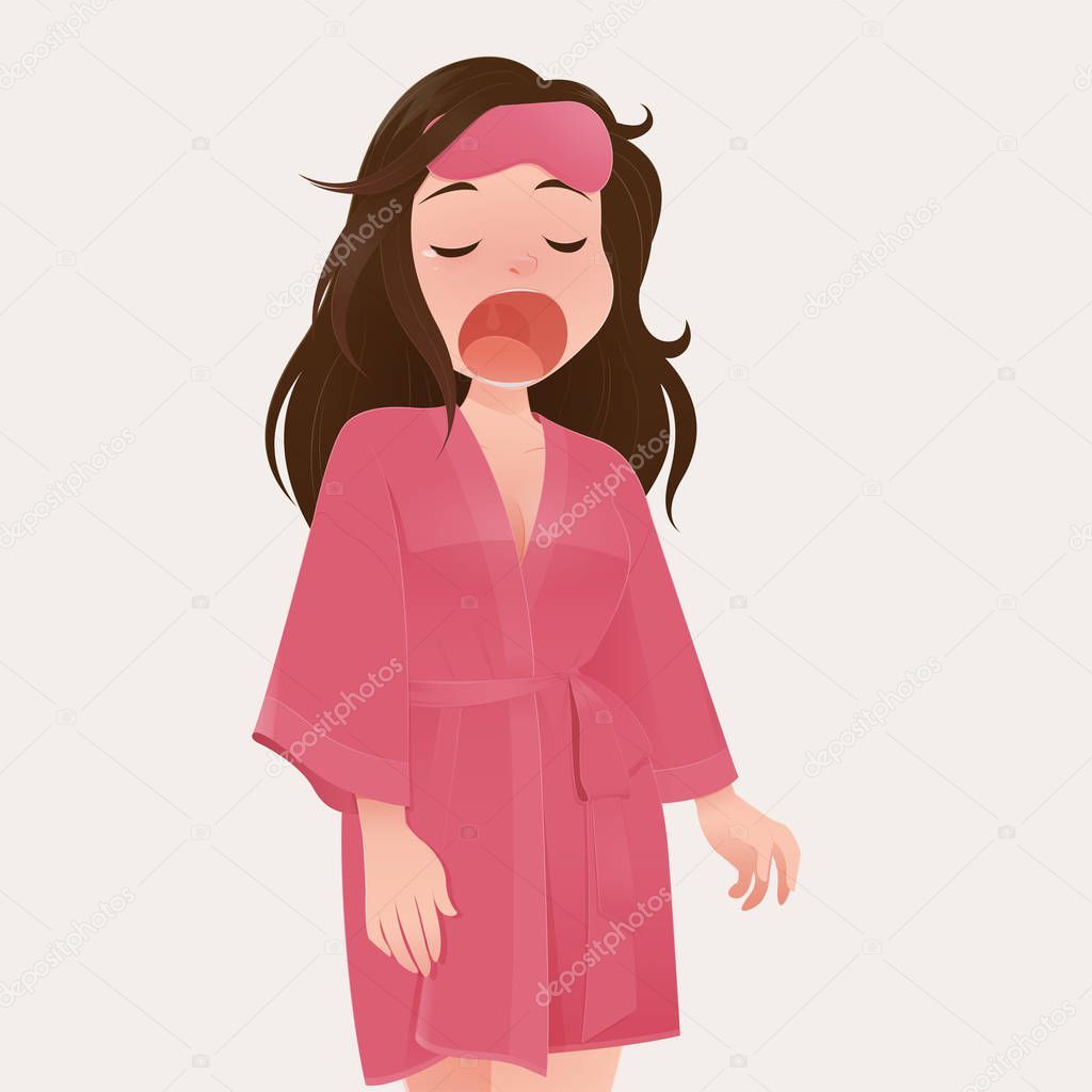 illustration woman in pink robe yawning.