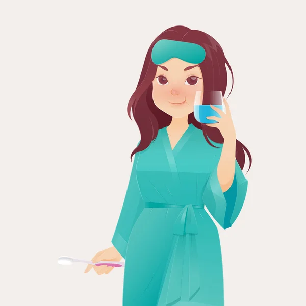 Femme Heureuse Bonne Santé Robe Verte Rinçant Gargarisant Tout Utilisant — Image vectorielle