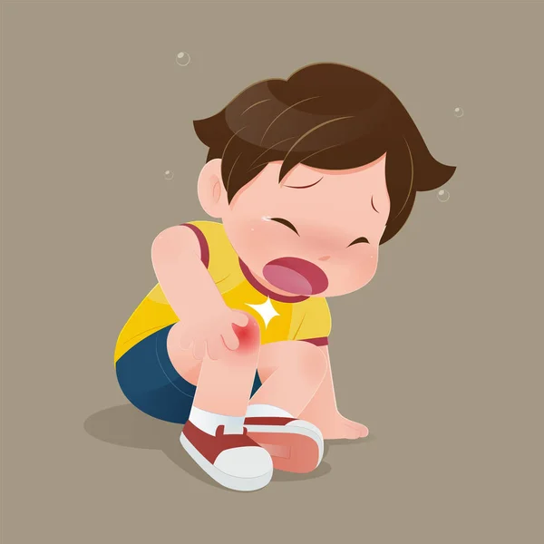 The boy in yellow shirt suffering from pain in knee. — Stock Vector